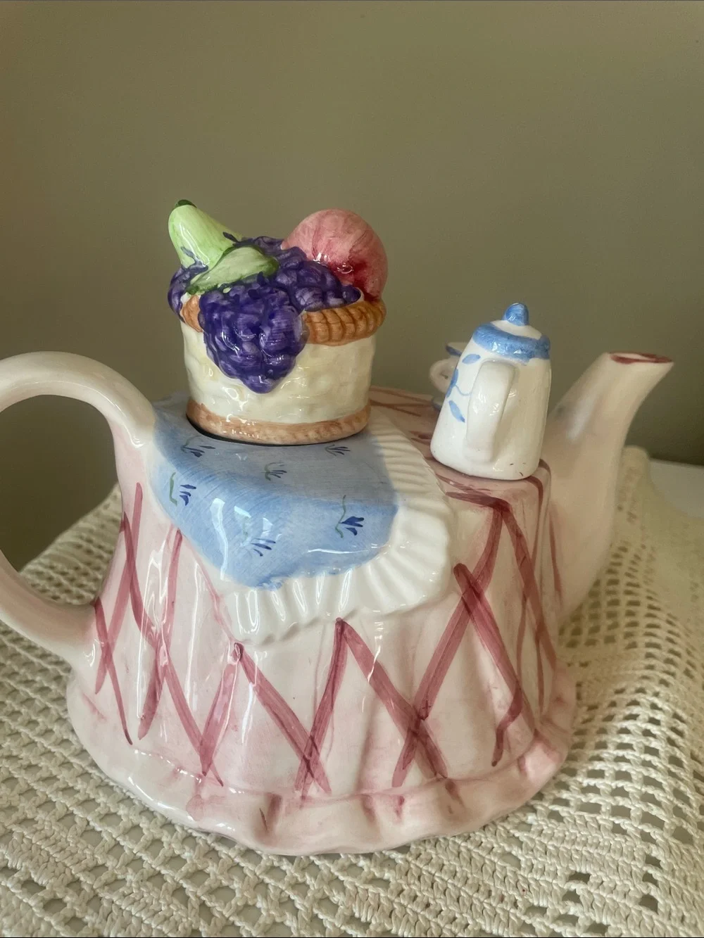 Decorative Ceramic Fruit Teapot in White, Pink and Blue